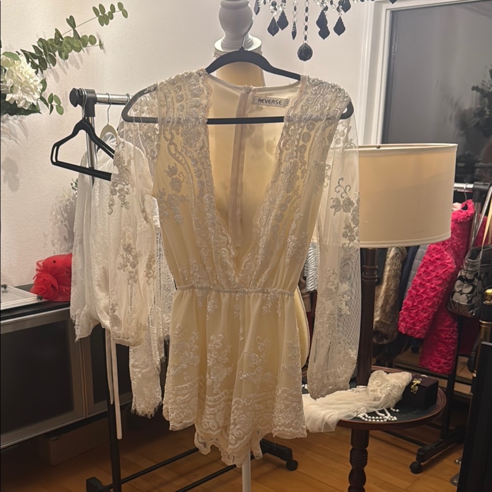 REVERSE Cream Lace-Trim Plunge Romper